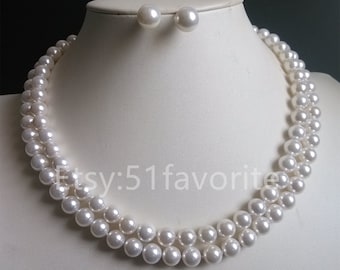 Conjunto de collar y pendientes de perlas de concha de 8 mm - Joyería para novias y damas de honor