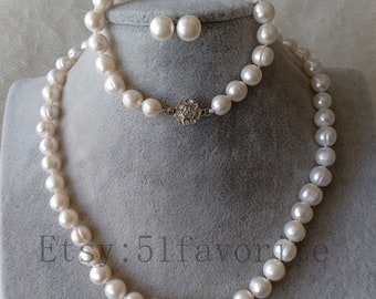 White Freshwater Pearl Jewelry Set: Flower Clasp Necklace, Bracelet & Earrings