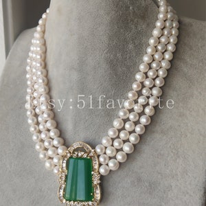 pearl necklace -2/3 row cultured white fresh water pearl & 18KGP Malay green jade wedding Bride bridesmaid jewelry pearl necklace pendant
