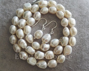 Baroque Pearl Necklace Earring Set: White Rice Freshwater Pearls