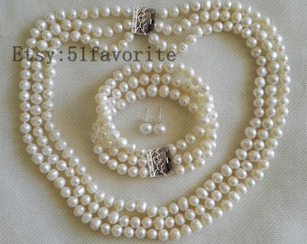 Real pearl necklace bracelet earrings set-genuine cultured AA7-7.5mm white fresh water pearl wedding 3 row necklace bracelet earring