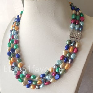 pearl necklace - Beautiful genuine cultured 3 row 8-9mm Multi-color baroque fresh water pearl wedding necklace 15-22 inch