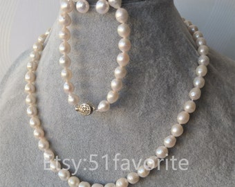 Real pearl necklace bracelet set-genuine cultured 8-8.5mm white fresh water pearl wedding  necklace bracelet earrings set