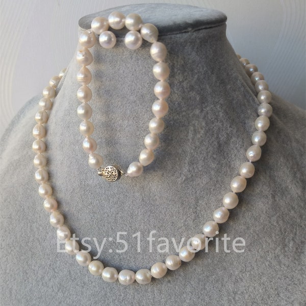 Ensemble de bracelets et collier de perles véritables - Ensemble de boucles d'oreilles de bracelet de collier de perles d'eau douce blanches de 8-8,5 mm de culture