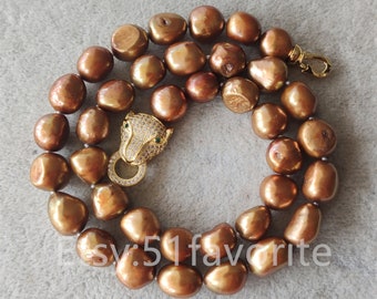 Collier de perles - véritables grandes perles de culture baroques brunes de 11 à 11,5 mm d'eau douce pour mariage Collier à fermoir tête de léopard 16-33 pouces