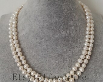 Echte Perlenkette Armband Set-echte kultivierte 2 reihige 7-7,5mm weiße Süßwasser Perlen Halskette Ohrstecker Set