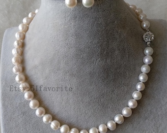 Cultured Pearl Necklace and Earring Set: White Freshwater Pearls, Bridal Jewelry