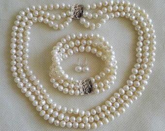 Real pearl necklace bracelet earrings set-genuine cultured AA+ 8-8.5mm white fresh water pearl wedding 3 row necklace bracelet earring
