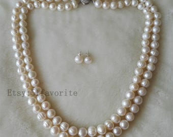 Baroque Pearl Necklace and Earrings Set: White Freshwater Pearl Wedding Jewelry