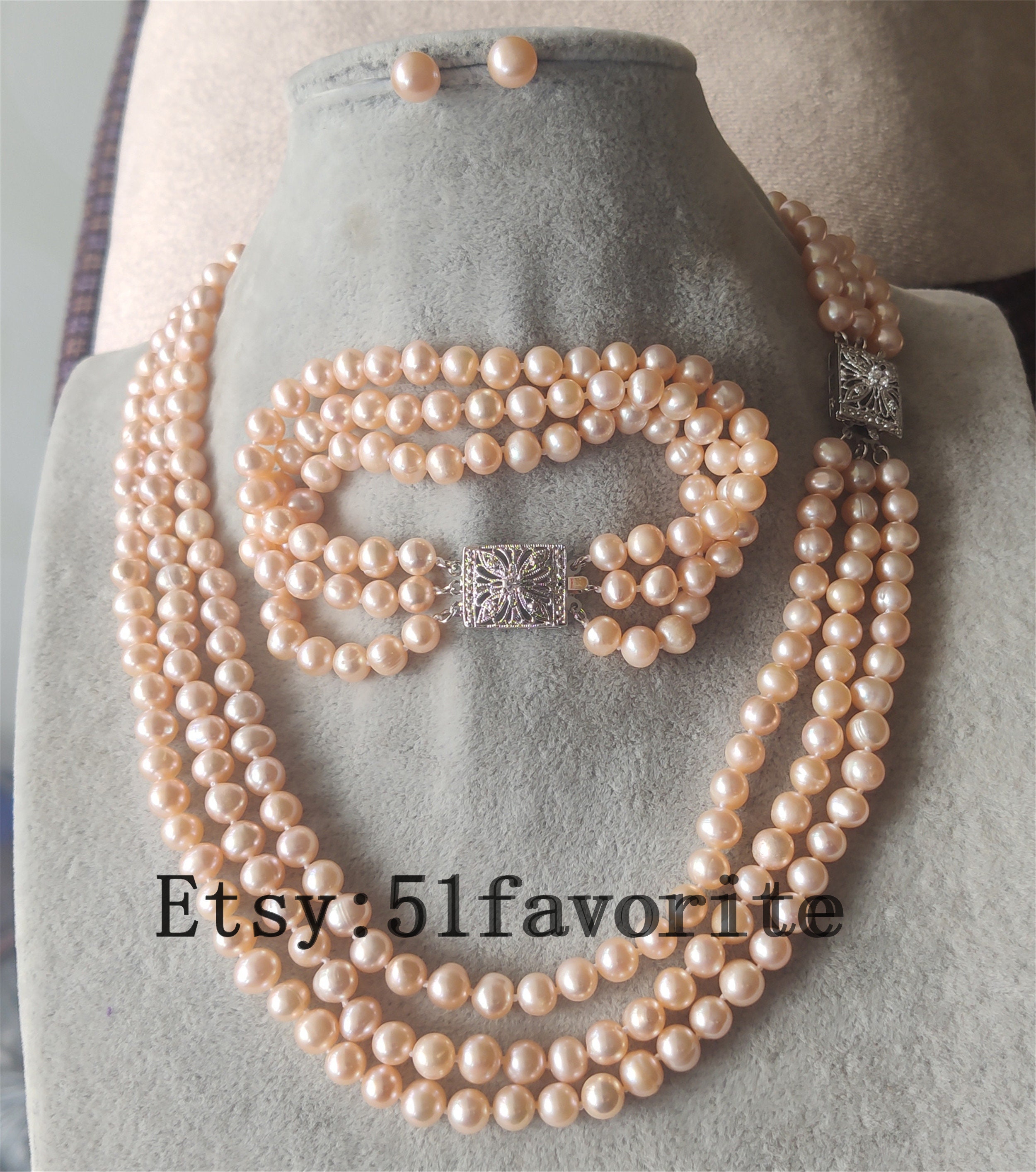 Cultured 6-6.5mm pink fresh water pearl 3 rows necklace bracelet earrings set,bride pearl necklace bracelet set, Bridesmaid pearl jewelry