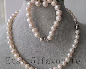 Real pearl set- real cultured 9-9.5mm potato round white fresh water pearl necklace/ bracelet earring set, bride Bridesmaid wedding gift set