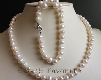 Conjunto de collar y pulsera de perlas de agua dulce: 7-7,5 mm, cierre de plata 925.
