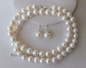 Conjunto de collar de perlas de agua dulce: cierre de plata 925, joyería nupcial