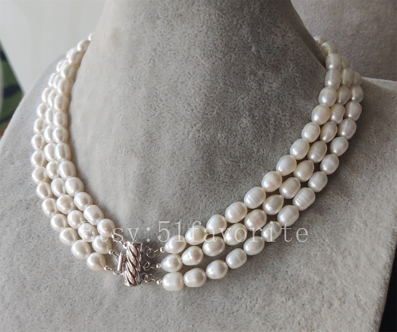 genuine cultured 7-8mm white rice baroque fresh water pearl 3 row Bridesmaid bride jewelry gift necklace 14-20 inch Real pearl necklace