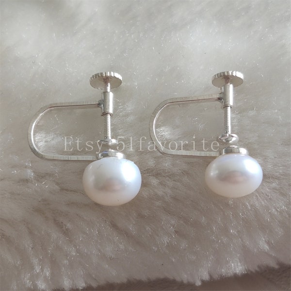 Real pearl earring-lovely 10 colors 7-8mm flat round fresh water pearl 925 silver clip earrings, bride Bridesmaid wedding gift jewelry