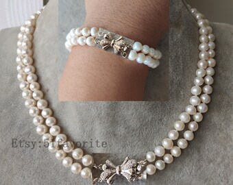 Cultured Pearl Necklace Bracelet Set – White Freshwater Pearls, Knotted, Copper Clasp