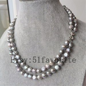Real pearl set- cultured 10-11mm gray flat baroque fresh water pearl 2 row necklace, bride Bridesmaid necklace jewelry