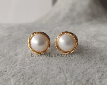 Exquisite 10-12mm white fresh water pearl 14 K gold plated Winding stud earrings, bride pearl earrings,  Bridesmaid pearl jewelry earrings
