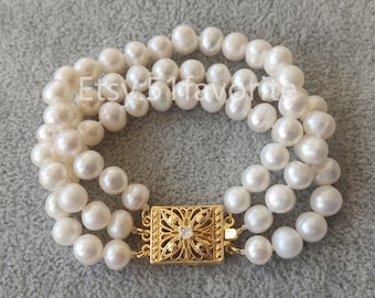 3-Row White Freshwater Pearl Bracelet: Bridal Jewelry