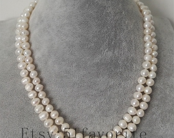 Perlenkette Ohrringe gesetzt-echt gezüchtet 2 reihige 7-7,5mm weiße Süßwasser Perlen Halskette Ohrstecker Set