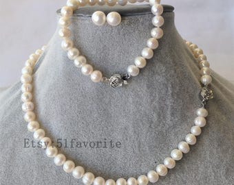 White Freshwater Pearl Jewelry Set: Necklace, Bracelet & Earrings