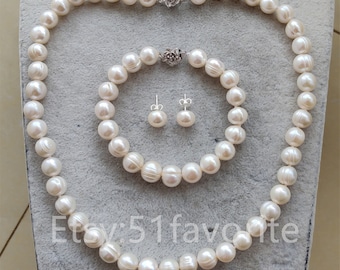 Cultured 10mm white fresh water pearl necklace bracelet earrings set, bride pearl necklace bracelet set, Bridesmaid pearl jewelry