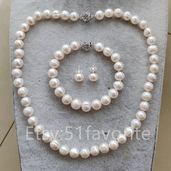 Ensemble de boucles d'oreilles avec collier de perles de culture d'eau douce blanches de 10 mm, ensemble de bracelets avec collier de perles de mariée, bijoux en perles de demoiselle d'honneur