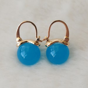 Blue Jade Drop Earrings: Copper Plated Gold, 12mm Round