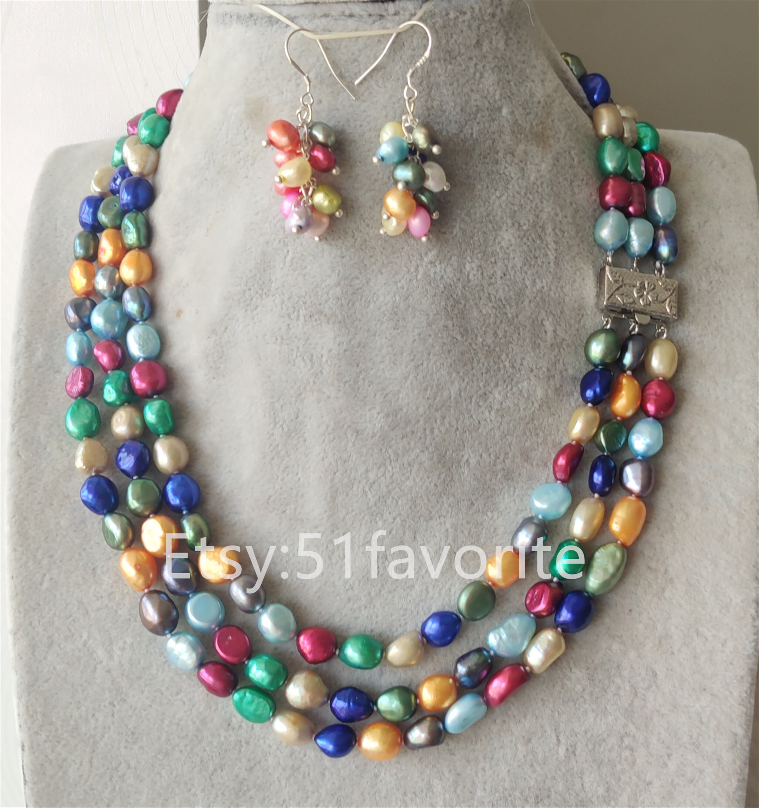Real pearl necklace -genuine cultured 2/3 row 8-9mm Multi-color baroque fresh water pearl necklace 15-22 inch earrings set