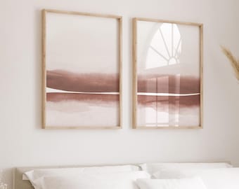 Zestaw 2 abstrakcyjnych akwarelowych pejzaży, wydruk ścienny w odcieniach ziemi, nowoczesny minimalistyczny plakat, dwuczęściowy zestaw do sypialni, sztuka minimalistyczna