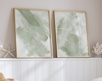 Set of 2 Sage Green Wall Art Prints, Green and White Modern Brush Strokes Painting, Printable Abstract Room Artwork, Green Digital Posters