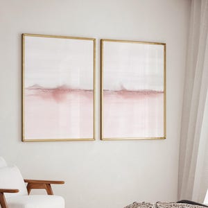 Pink and Gray Prints Set of Two Digital Downloads, 2 Piece Abstract Landscape Painting, Blush Pink Watercolor Seascape Gallery Wall Art