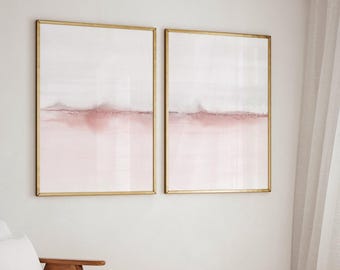 Pink and Gray Prints Set of Two Digital Downloads, 2 Piece Abstract Landscape Painting, Blush Pink Watercolor Seascape Gallery Wall Art