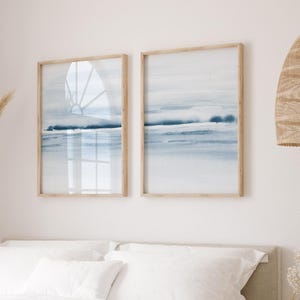 Set of 2 Blue Landscape Printable Art, Abstract Watercolor Digital Prints, Minimal Coastal Set of 2, Blue Modern Art Prints for Bedroom