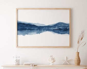 Blue Watercolor Landscape Print, Abstract Mountain Lake View Digital Download, Blue White Minimalist Wall Art for Bedroom, Serene Home Decor
