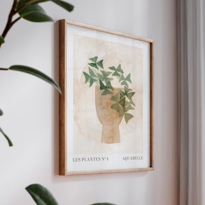 Cartel de planta en tonos tierra, Arte descargable planta de interior, Lámina descargable planta para salón, Pintura botánica descargable