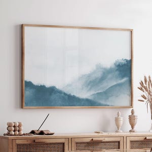 Minimal Landscape Print, Misty Printable Wall Art, Abstract Scenery Painting, Teal Watercolor Digital Print, Modern Landscape Painting