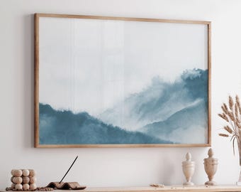 Minimal Landscape Print, Misty Printable Wall Art, Abstract Scenery Painting, Teal Watercolor Digital Print, Modern Landscape Painting
