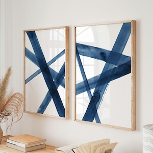 Set of 2 Navy Blue Abstract Wall Prints Digital Download, Blue and White Modern Wall Decor, Minimalist Brush Strokes Painting, Blue Wall Art