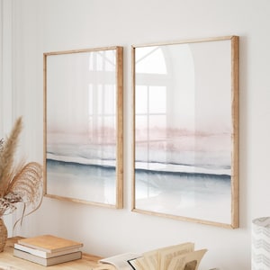 Abstract Ocean Digital Print Set of 2, Minimal Beach Printable Art, Modern Coastal Set of Two Wall Prints, Blush Pink and Blue Wall Decor