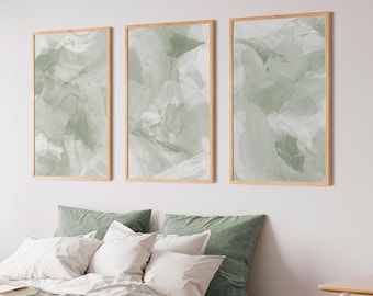 Abstract Sage Green Prints Set of 3, Neutral Green Brushstroke Printable Art, Minimalist Modern Watercolor Paintings, Bedroom Wall Art Decor