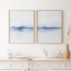2er Set Abstrakte Ozean Bilder, Blaue Landschaft Wand Kunst Druck Set, Minimalistische Strand Aquarell Drucke, Blaue Küsten Wohndeko