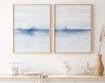 抽象的な海の絵画2枚セット、青い風景の壁アートプリントセット、ミニマリストのビーチ水彩画、青い海岸のホームデコレーション