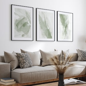 Set di 3 stampe a pennellate verde salvia, arte moderna stampabile in 3 pezzi, decorazione da parete per camera da letto minimalista astratta, set da parete per galleria bianco verde
