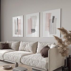 Pink And Gray Wall Art Set of 3, Brushstroke Wall Prints, Abstract Art Set of 3 Prints, Large Living Room Decor, Printable Watercolor Art