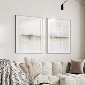 Neutrale Landschaft Aquarell Druck 2er-Set Hell Beige Küsten Wand Kunst Drucke Herunterladbare Abstrakte Strand Malerei Ozean Minimalist Poster