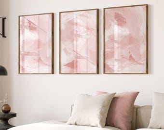 Set of 3 Abstract Pink Prints, Printable Modern Gallery Wall Set of 3, Pink Aesthetic Wall Art Decor, Abstract Brush Strokes Wall Prints