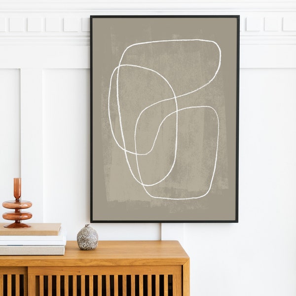 Continuous line squiggle wall art, Modern scribble drawing, Neutral green line art prints, Large minimal line art, Abstract line shape print
