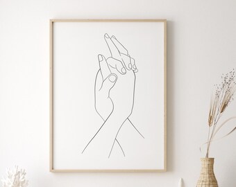 Grafika liniowa z trzymającymi się dłońmi, wydruk z dłońmi pary do druku na ścianę, romantyczna grafika liniowa do sypialni, minimalistyczny plakat z ilustracją dłoni