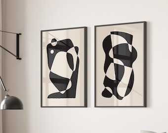 Set of 2 Printable Geometric Wall Art, Abstract Neutral Mid Century Art, Black Beige Geometric Print Set, Modern Minimal Gallery Wall Art